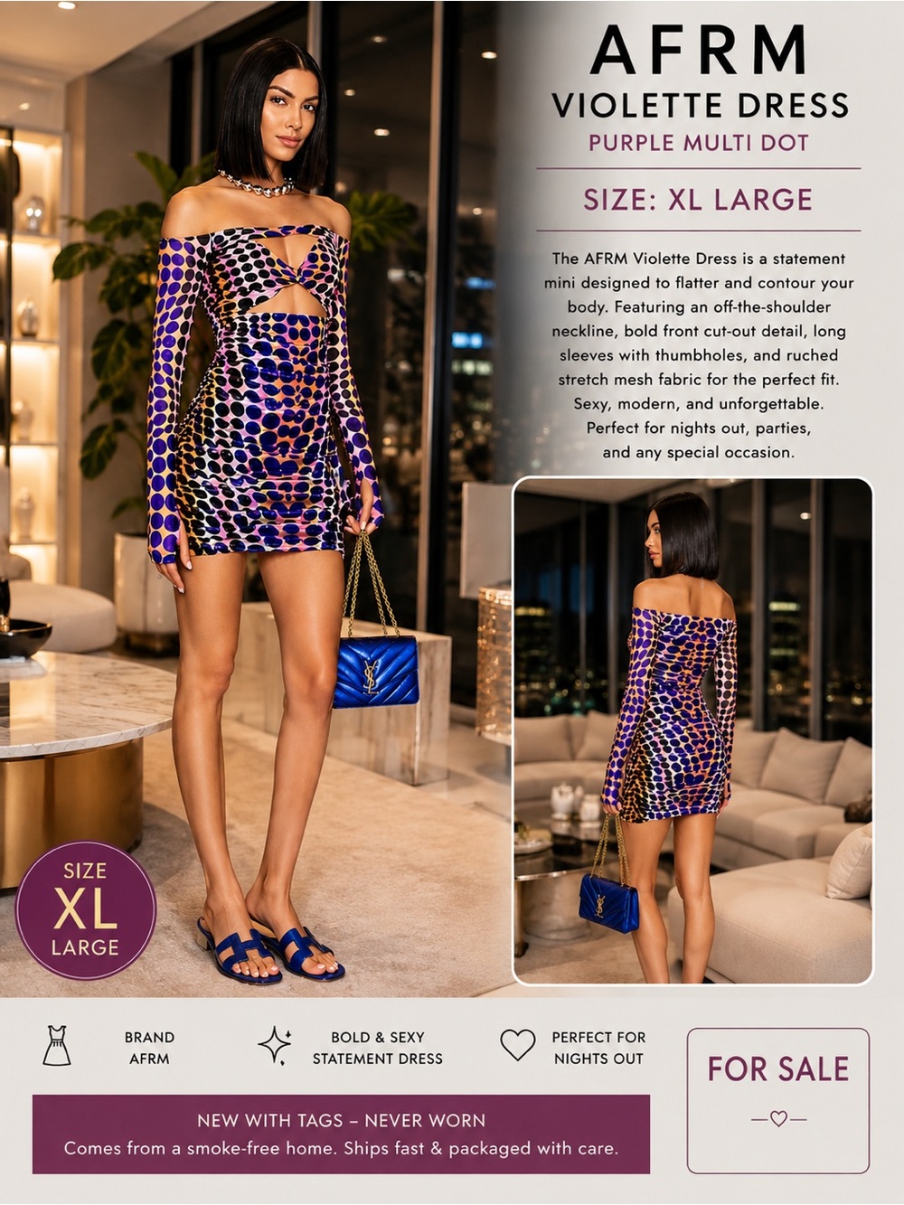 AFRM Violette Purple Multi-Dot Off-Shoulder Mini Dress